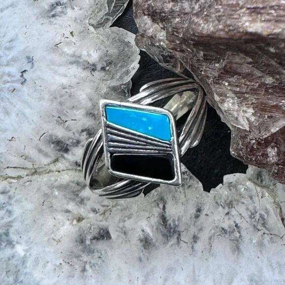 Carolyn Pollack Sterling Diamond Shape Turquoise & Onyx Inlay Ring For Women - Picture 2 of 10